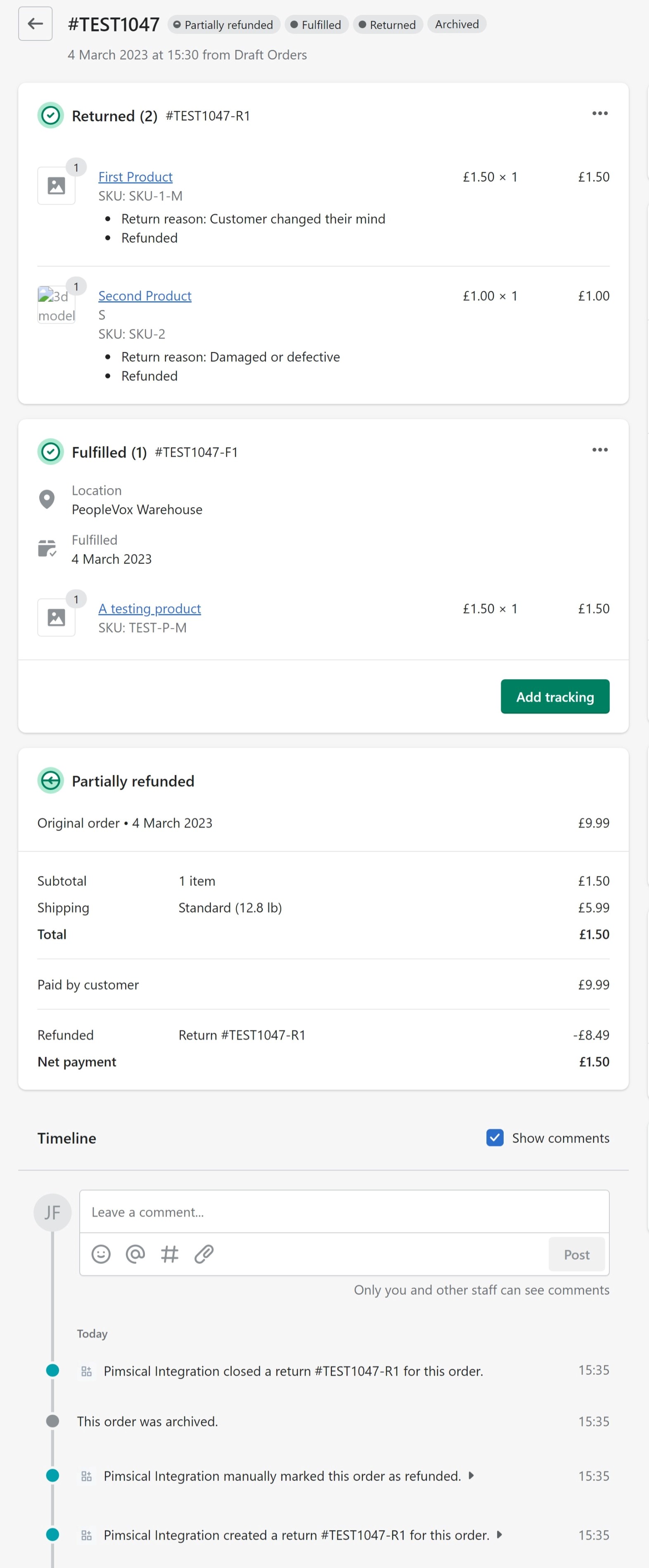 Screenshot of Return in Shopify